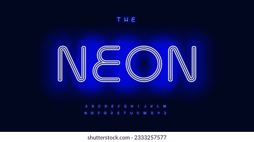 Blue Neon alphabet, luminous vibrant typeface, nightlife electrifying glow. Font for club logos, casino signs, captivating headlines. Vector typeset.