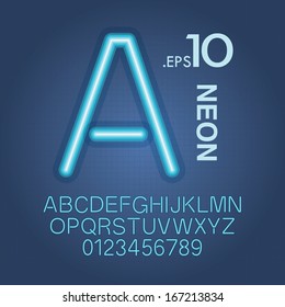 Blue Neon Alphabet and Numbers Vector