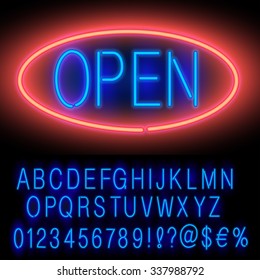 Blue Neon Alphabet Set for Signs. Realistic vector font set