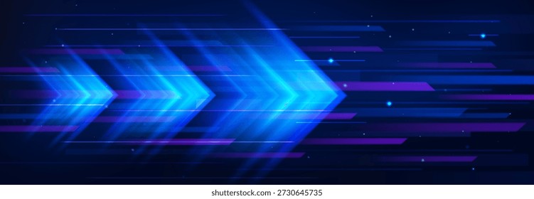 Blauer Neonpfeil-Boost mit glühenden Lichtgeschwindigkeitseffekten auf dunklem abstraktem Hintergrund. Leuchtende geometrische Formen und horizontale Linien in dynamischer technologischer Bewegungsatmosphäre für digitale Innovationsvisualitäten.