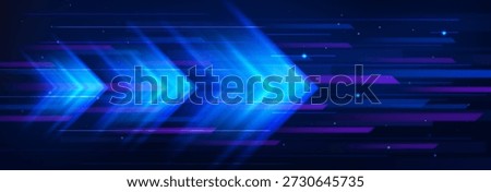 Blue neon arrow boost with glowing light speed effects on dark abstract background. Luminous geometric shapes and horizontal lines in dynamic tech motion atmosphere for digital innovation visuals.