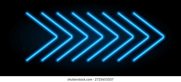 Elemento de flecha de neón azul. Señal de dirección led brillante cálido. Lámparas de tubo de brillo en forma de punta de flecha. Ilustración de luz led de neón de Vector. Efecto fluorescente luminoso brillante del puntero para el Anuncio, cartel, logotipo