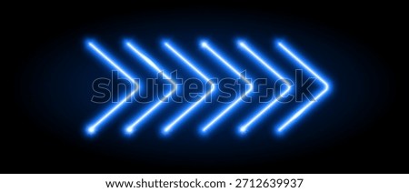 Blue neon arrow elements. Blue glowing led direction sign. Shine tube lamps in arrowhead shape. Bright luminous fluorescent pointer effect for banner, poster, logo. Vector neon led lights illustration