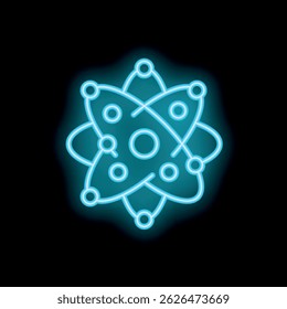 Blaues Neonatom-Symbol, das auf dunklem Hintergrund leuchtet