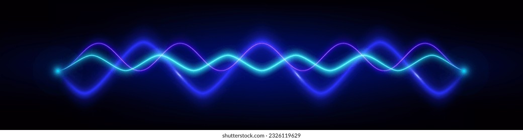 Luz de impulsos de ondas de voz de sonido de neón azul. Resumen de fondo de efecto vector de frecuencia de música electrónica radial. Forma de onda de ecualizador de pista vibrante, ilustración de gráfico de curva borrosa.