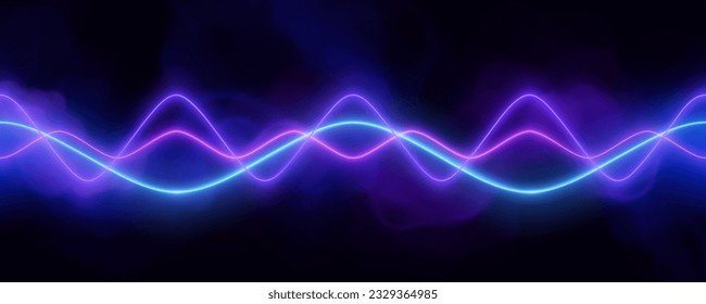 Blue neon audio sound voice wave pulse light. Abstract radio electronic music frequency vector effect background. Vibrant track equalizer waveform with smoke and blurred curve graph illustration.