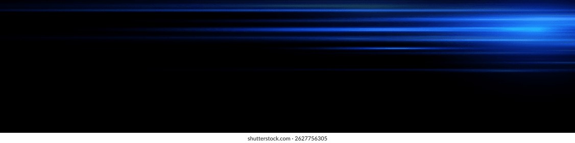Blue neon beam with glowing flare and quick light streak explodes in motion abstract background with blur speed laser line splash glare digital effect