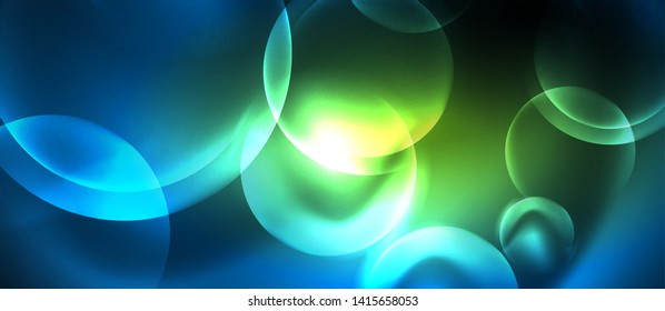 Blue neon bubbles and circles abstract background, futuristic magic techno design, vector