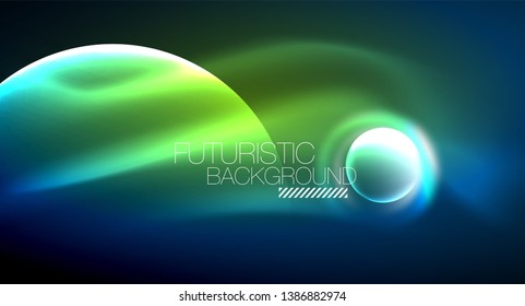 Blue neon bubbles and circles futuristic abstract background, modern shiny glowing space lights template