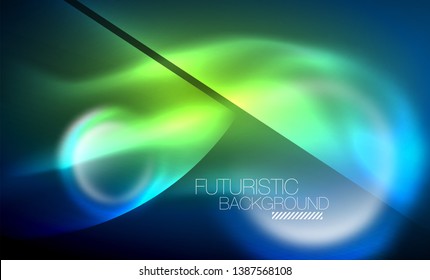 Blue neon bubbles and circles futuristic abstract background, modern shiny glowing space lights template