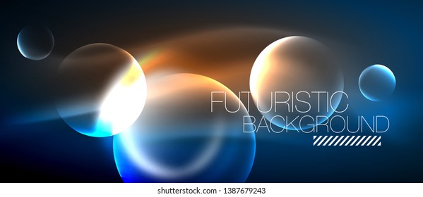 Blue neon bubbles and circles futuristic abstract background, modern shiny glowing space lights template