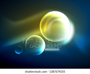 Blue neon bubbles and circles futuristic abstract background, modern shiny glowing space lights template