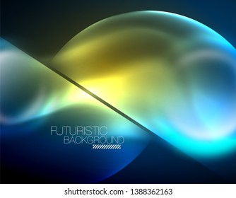 Blue neon bubbles and circles futuristic abstract background, modern shiny glowing space lights template