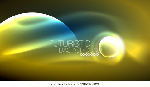 Blue neon bubbles and circles futuristic abstract background, modern shiny glowing space lights template