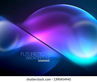 Blue neon bubbles and circles futuristic abstract background, modern shiny glowing space lights template