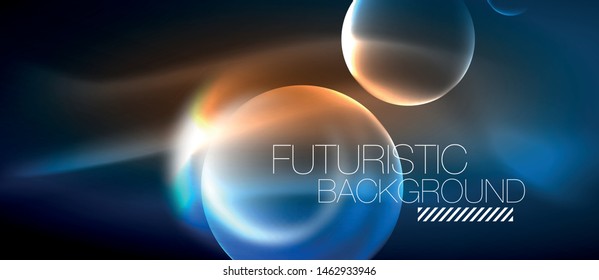 Blue neon bubbles and circles futuristic abstract background, modern shiny glowing space lights template