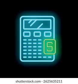 Blue neon calculator showing green number five on a black background