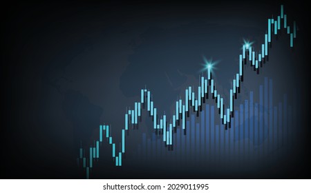 Blue neon candlestick and chart world stock market investment chart stock trading bullish point bear market trend trend graph vector with world map black background svg
