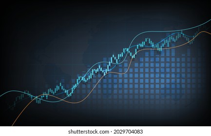 Blue neon candlestick and chart world stock market investment chart stock trading bullish point bear market trend trend graph vector with world map black background