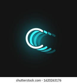 Blue neon character font on black background with reflections, vector illustration