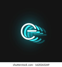 Blue neon character font on black background with reflections, vector illustration