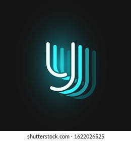Blue neon character font on black background with reflections, vector illustration