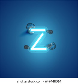 Blue neon character from a font set on blue background, vector illustration