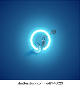 Blue neon character from a font set on blue background, vector illustration