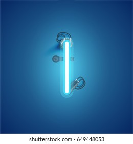 Blue neon character from a font set on blue background, vector illustration