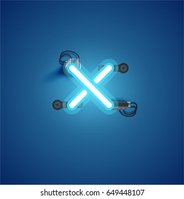 Blue neon character from a font set on blue background, vector illustration