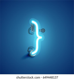 Blue neon character from a font set on blue background, vector illustration