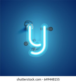 Blue neon character from a font set on blue background, vector illustration