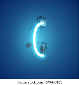 Blue neon character from a font set on blue background, vector illustration