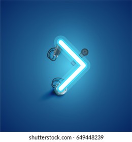 Blue neon character from a font set on blue background, vector illustration