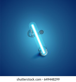 Blue neon character from a font set on blue background, vector illustration