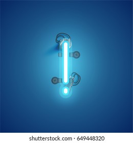 Blue neon character from a font set on blue background, vector illustration