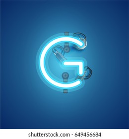 Blue neon character from a font set on blue background, vector illustration