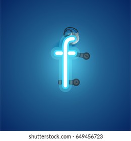 Blue neon character from a font set on blue background, vector illustration