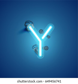 Blue neon character from a font set on blue background, vector illustration