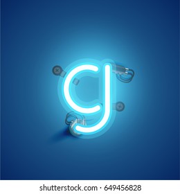 Blue neon character from a font set on blue background, vector illustration