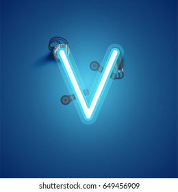 Blue neon character from a font set on blue background, vector illustration