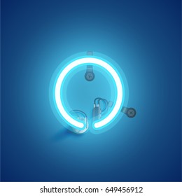 Blue neon character from a font set on blue background, vector illustration