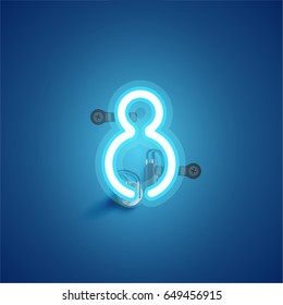 Blue neon character from a font set on blue background, vector illustration