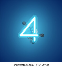 Blue neon character from a font set on blue background, vector illustration