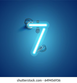 Blue neon character from a font set on blue background, vector illustration