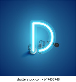Blue neon character from a font set on blue background, vector illustration