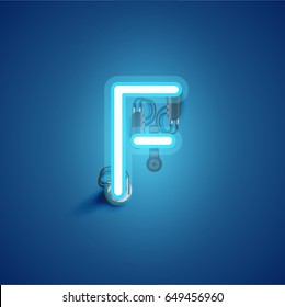 Blue neon character from a font set on blue background, vector illustration