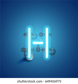 Blue neon character from a font set on blue background, vector illustration