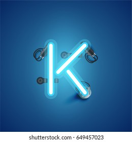 Blue neon character from a font set on blue background, vector illustration
