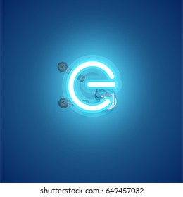 Blue neon character from a font set on blue background, vector illustration
